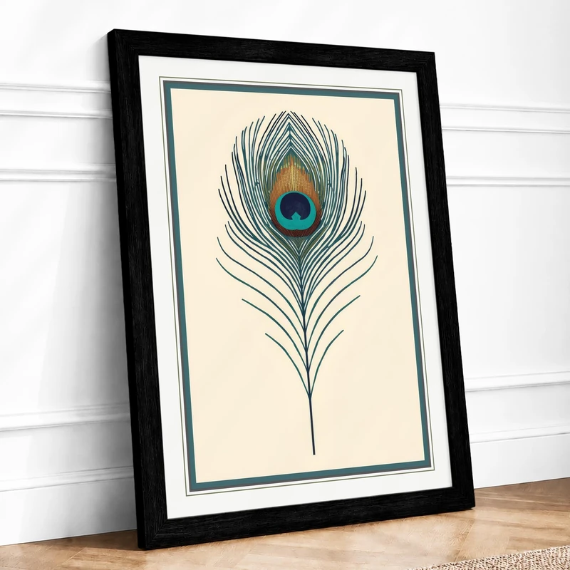 Peacock Feather Study Botanical Framed Wall Art Print A1 (84.1×59.4cm) Black, Wall Decor for Living Room, Bedroom, Office & Home, Ready to Hang, Art Gift