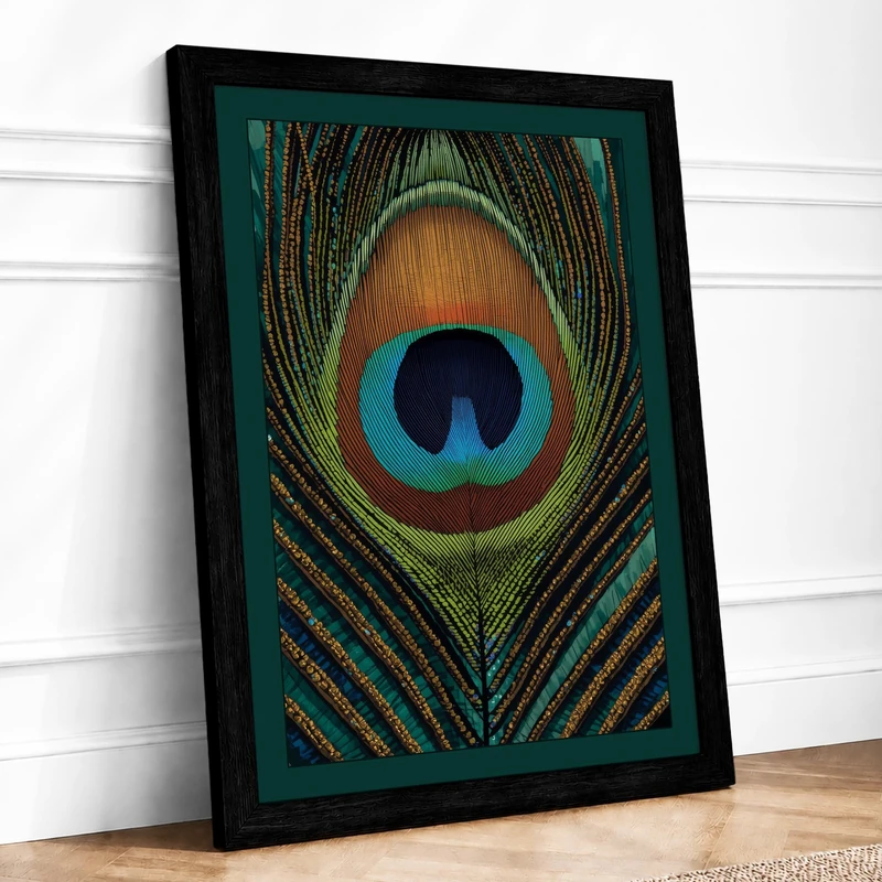 Peacock Feather Eye Botanical Framed Wall Art Print A1 (84.1×59.4cm) Black, Wall Decor for Living Room, Bedroom, Office & Home, Ready to Hang, Art Gift