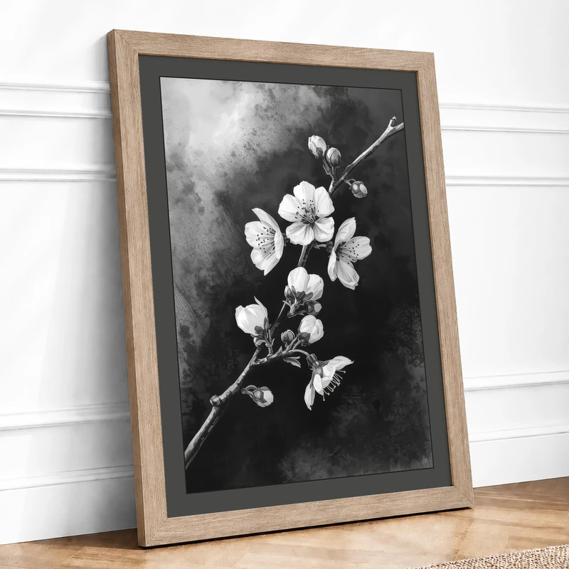 Moonlit Cherry Blossom Botanical Framed Wall Art Print A1 (84.1×59.4cm) Oak, Wall Decor for Living Room, Bedroom, Office & Home, Ready to Hang, Art Gift
