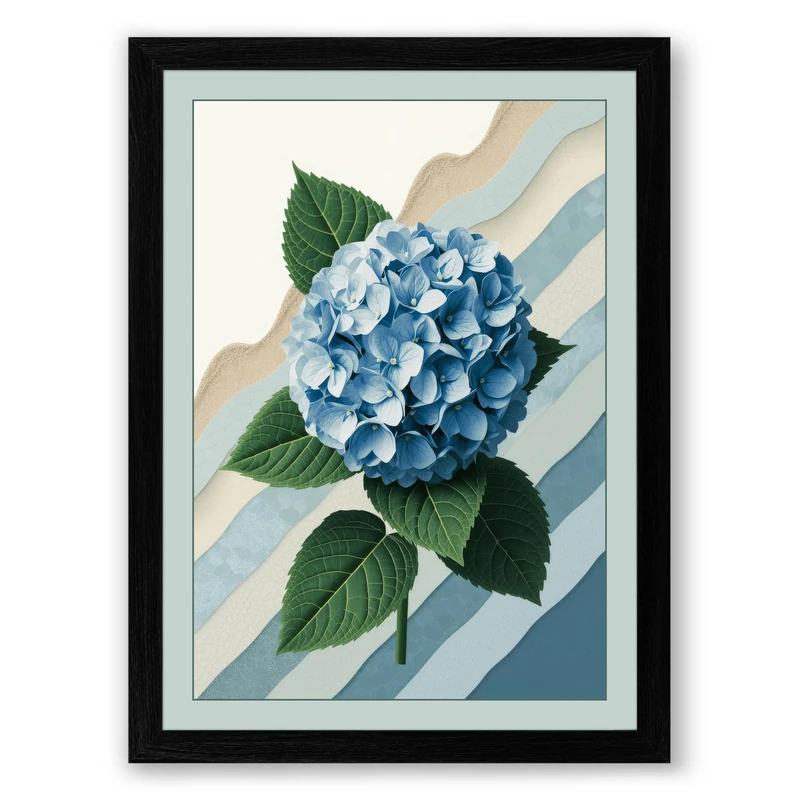Hydrangea in Stripes Botanical Framed Wall Art Print A1 (84.1×59.4cm) Black, Wall Decor for Living Room, Bedroom, Office & Home, Ready to Hang, Art Gift