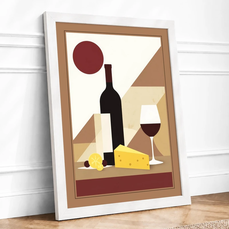 Wine and Cheese Still Life Art Deco Framed Wall Art Print A1 (84.1×59.4cm) White, Wall Decor for Living Room, Bedroom, Office & Home, Ready to Hang, Art Gift - Image 1