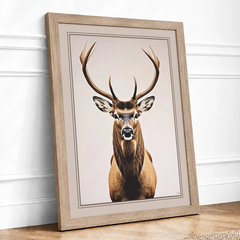 Noble Stag Rustic Framed Wall Art Print A1 (84.1×59.4cm) Oak, Wall Decor for Living Room, Bedroom, Office & Home, Ready to Hang, Art Gift