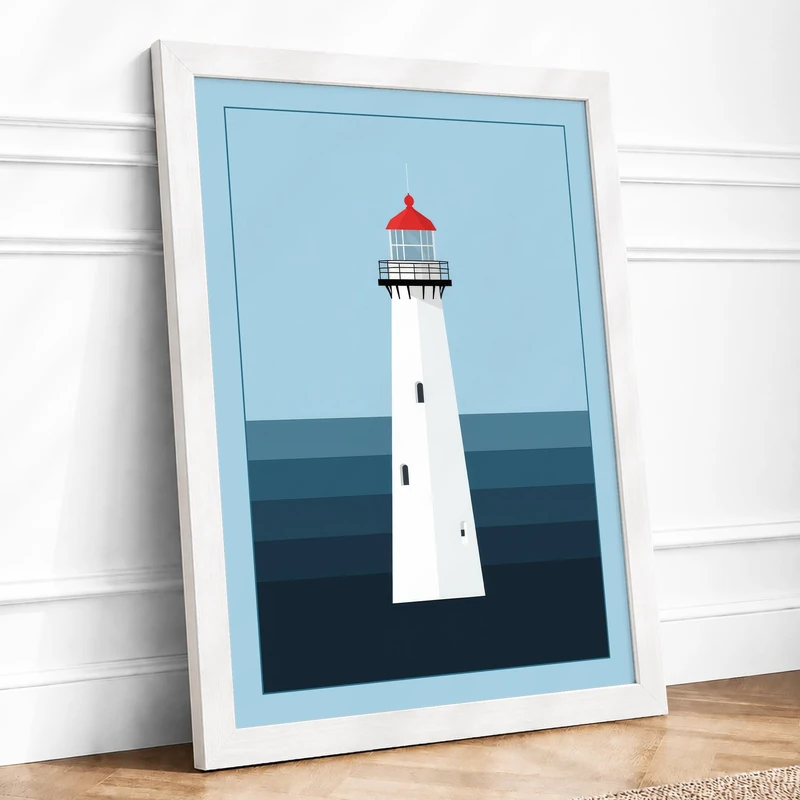 Lighthouse and Sea Minimalist Framed Wall Art Print A1 White