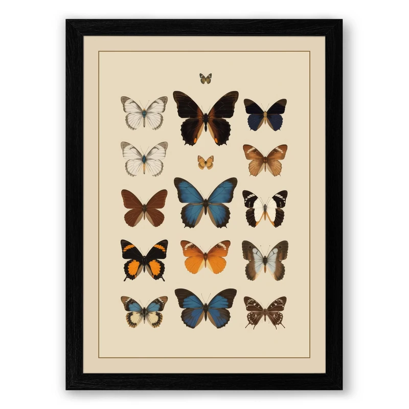 Butterfly Collection Vintage Framed Wall Art Print A1 (84.1×59.4cm) Black, Wall Decor for Living Room, Bedroom, Office & Home, Ready to Hang, Art Gift