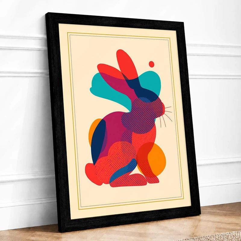 Rabbit Geometric Framed Wall Art Print A1 (84.1×59.4cm) Black, Wall Decor for Living Room, Bedroom, Office & Home, Ready to Hang, Art Gift