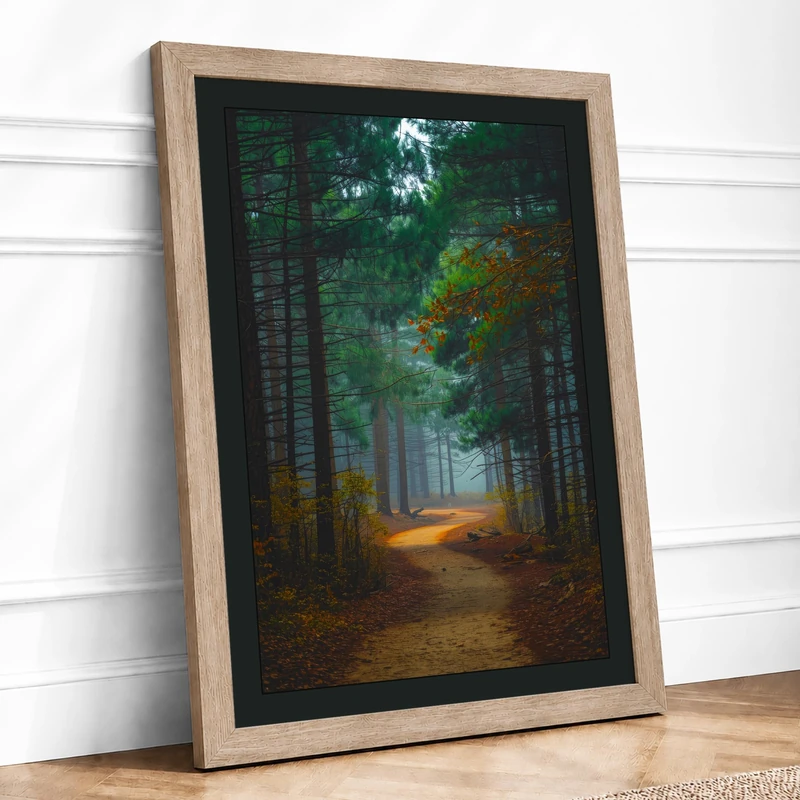 Golden Path Through Forest Scandinavian Framed Wall Art Print A1 (84.1×59.4cm) Oak, Wall Decor for Living Room, Bedroom, Office & Home, Ready to Hang, Art Gift - Image 1