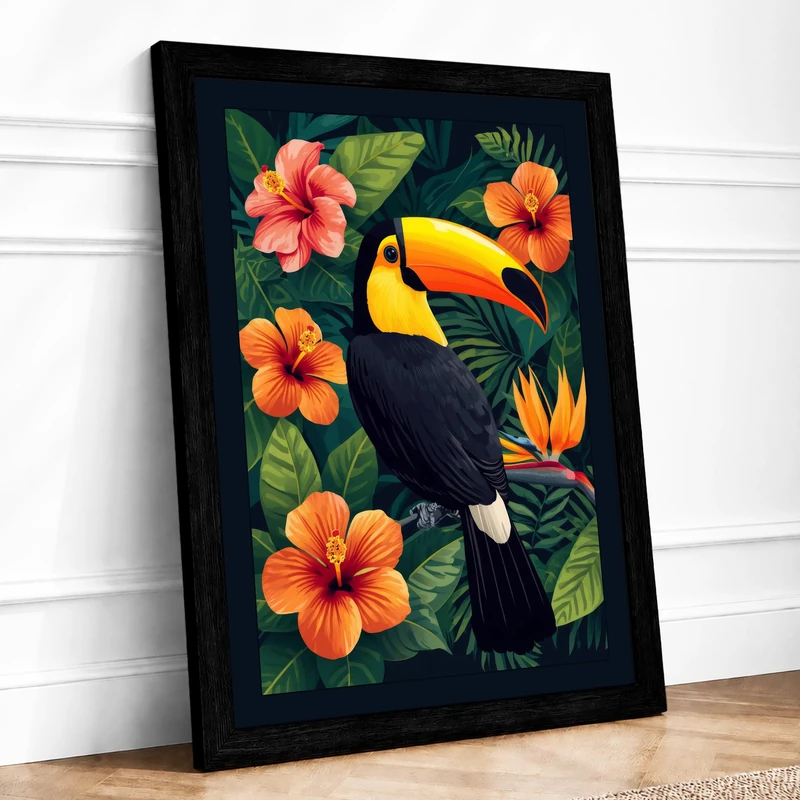 Toucan and Hibiscus Tropical Framed Wall Art Print A1 (84.1×59.4cm) Black, Wall Decor for Living Room, Bedroom, Office & Home, Ready to Hang, Art Gift