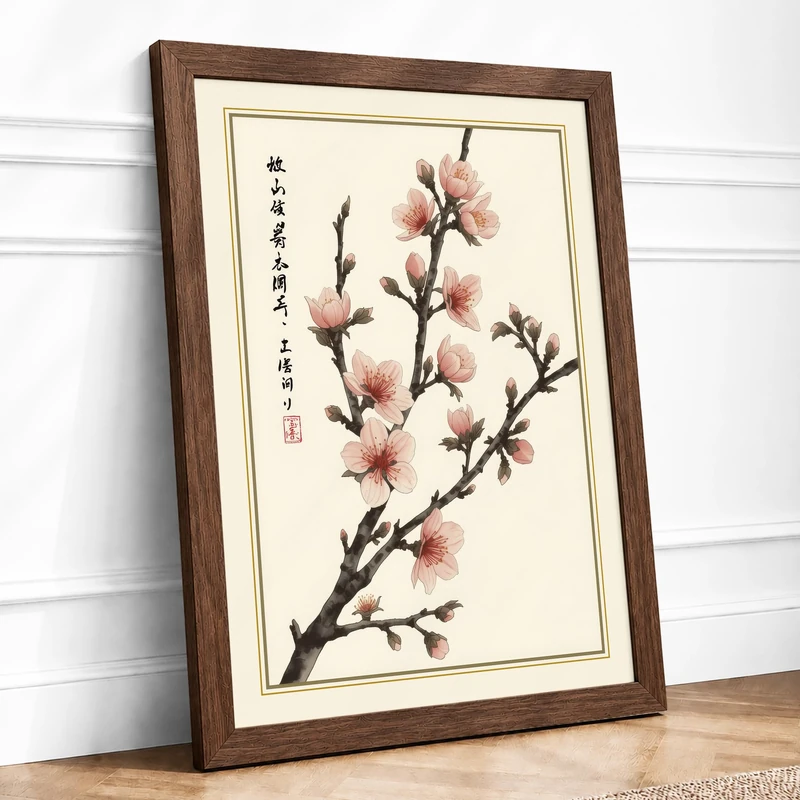 Moonlit Cherry Blossom Japandi Framed Wall Art Print A1 (84.1×59.4cm) Walnut, Wall Decor for Living Room, Bedroom, Office & Home, Ready to Hang, Art Gift
