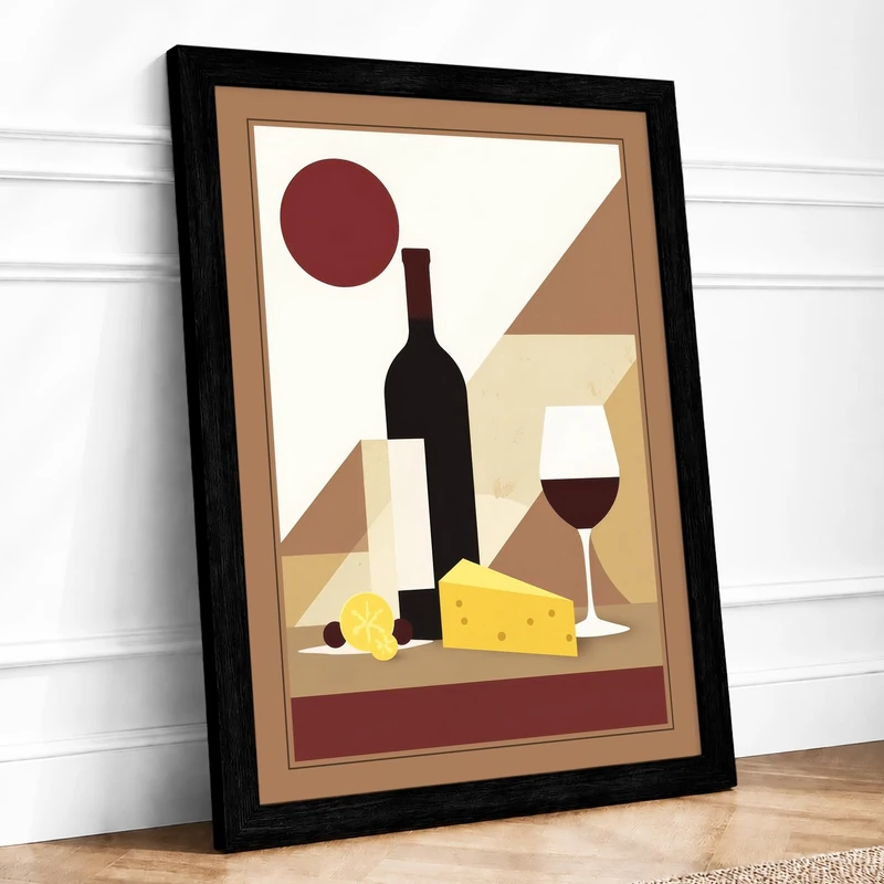 Wine and Cheese Still Life Art Deco Framed Wall Art Print A1 (84.1×59.4cm) Black, Wall Decor for Living Room, Bedroom, Office & Home, Ready to Hang, Art Gift - Image 1