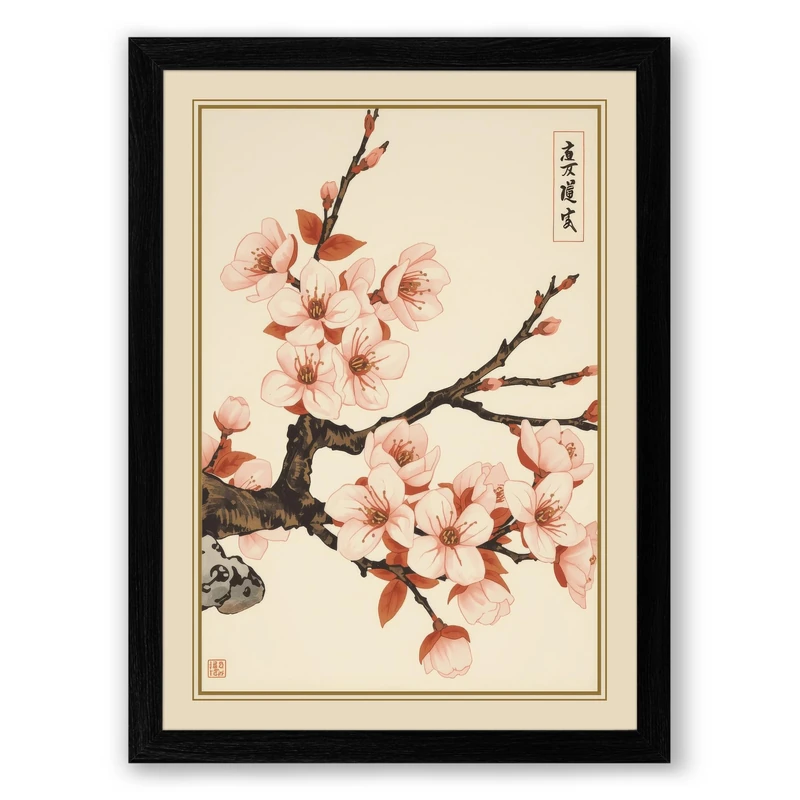 Moonlit Cherry Blossom Japandi Framed Wall Art Print A1 (84.1×59.4cm) Black, Wall Decor for Living Room, Bedroom, Office & Home, Ready to Hang, Art Gift