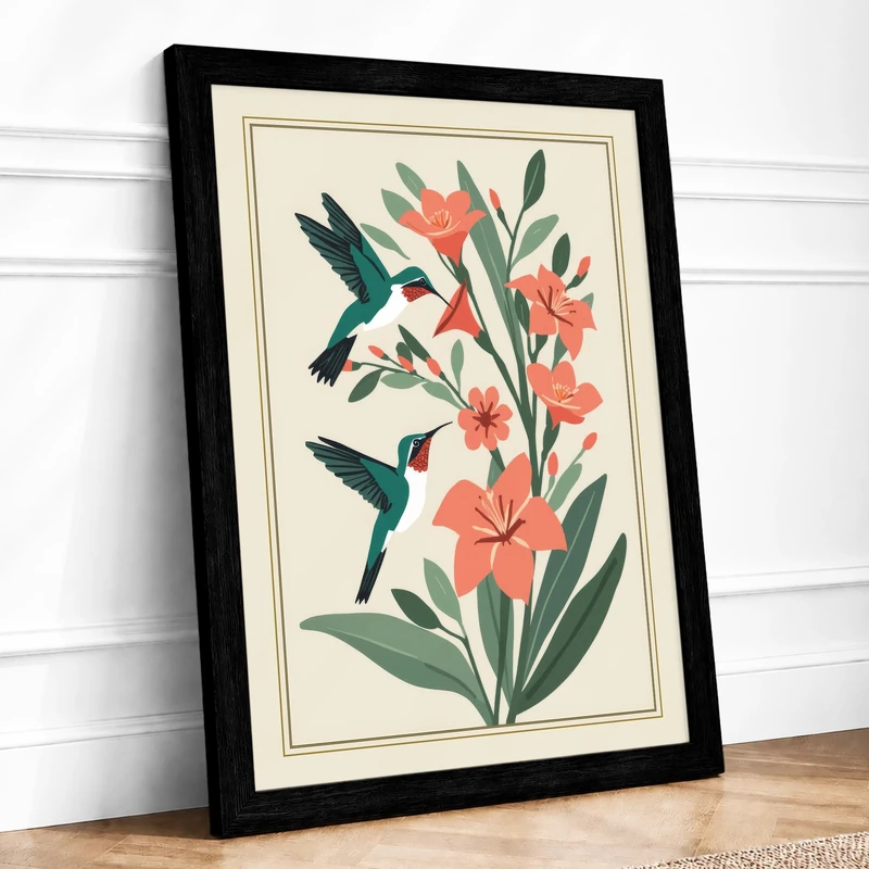 Hummingbirds and Flowers Botanical Framed Wall Art Print A1 (84.1×59.4cm) Black, Wall Decor for Living Room, Bedroom, Office & Home, Ready to Hang, Art Gift