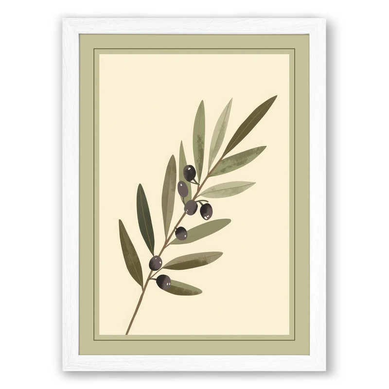Olive Branch Botanical Framed Wall Art Print A1 (84.1×59.4cm) White, Wall Decor for Living Room, Bedroom, Office & Home, Ready to Hang, Art Gift