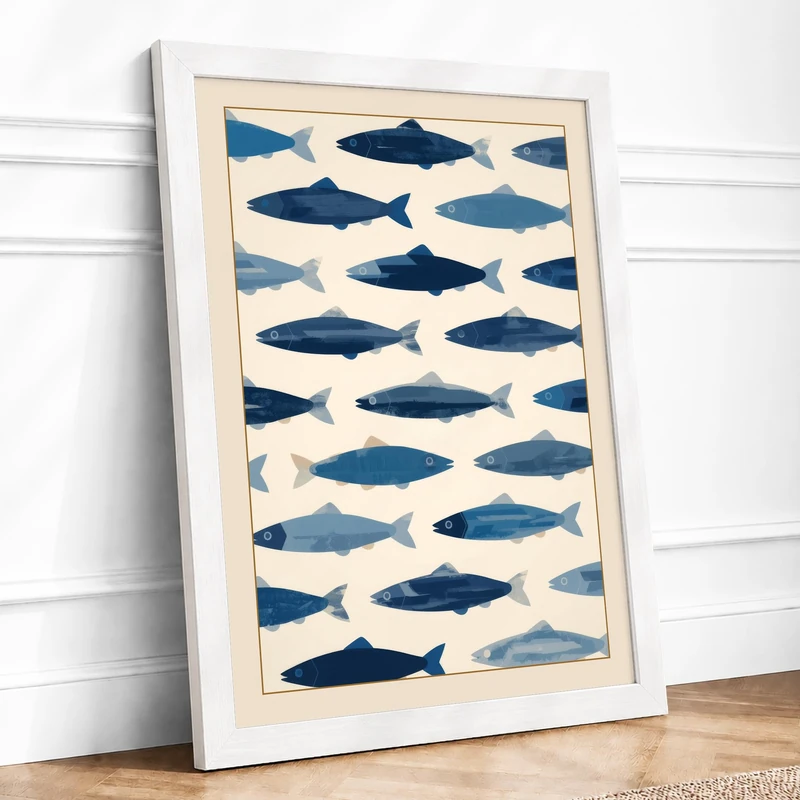 Swimming Fish Pattern Geometric Framed Wall Art Print A1 (84.1×59.4cm) White, Wall Decor for Living Room, Bedroom, Office & Home, Ready to Hang, Art Gift