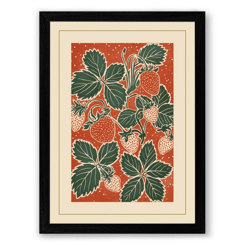 Strawberry Botanical Framed Wall Art Print A1 (84.1×59.4cm) Black, Wall Decor for Living Room, Bedroom, Office & Home, Ready to Hang, Art Gift