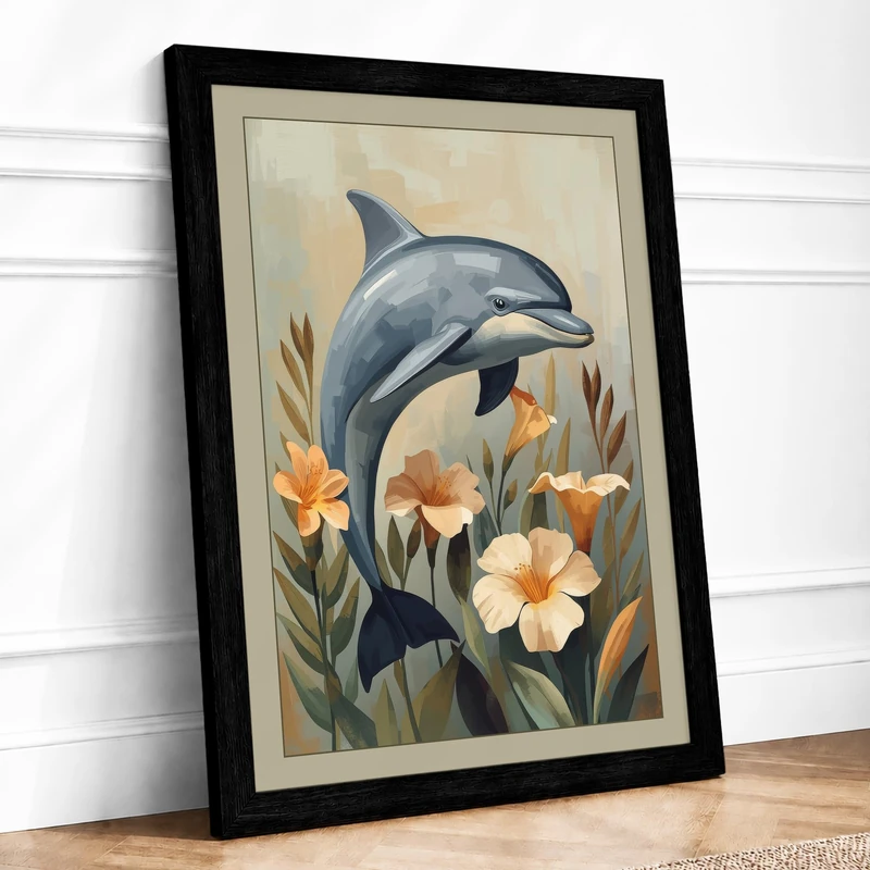 Leaping Dolphin with Poppies Coastal Framed Wall Art Print A1 (84.1×59.4cm) Black, Wall Decor for Living Room, Bedroom, Office & Home, Ready to Hang, Art Gift - Image 1