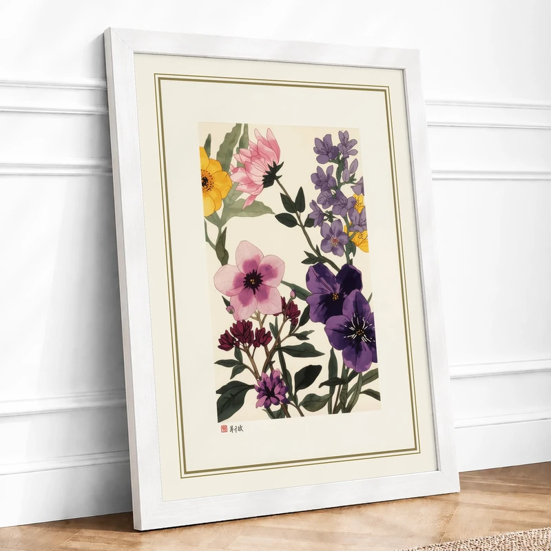 Scattered Garden Blooms Botanical Framed Wall Art Print A1 (84.1×59.4cm) White, Wall Decor for Living Room, Bedroom, Office & Home, Ready to Hang, Art Gift