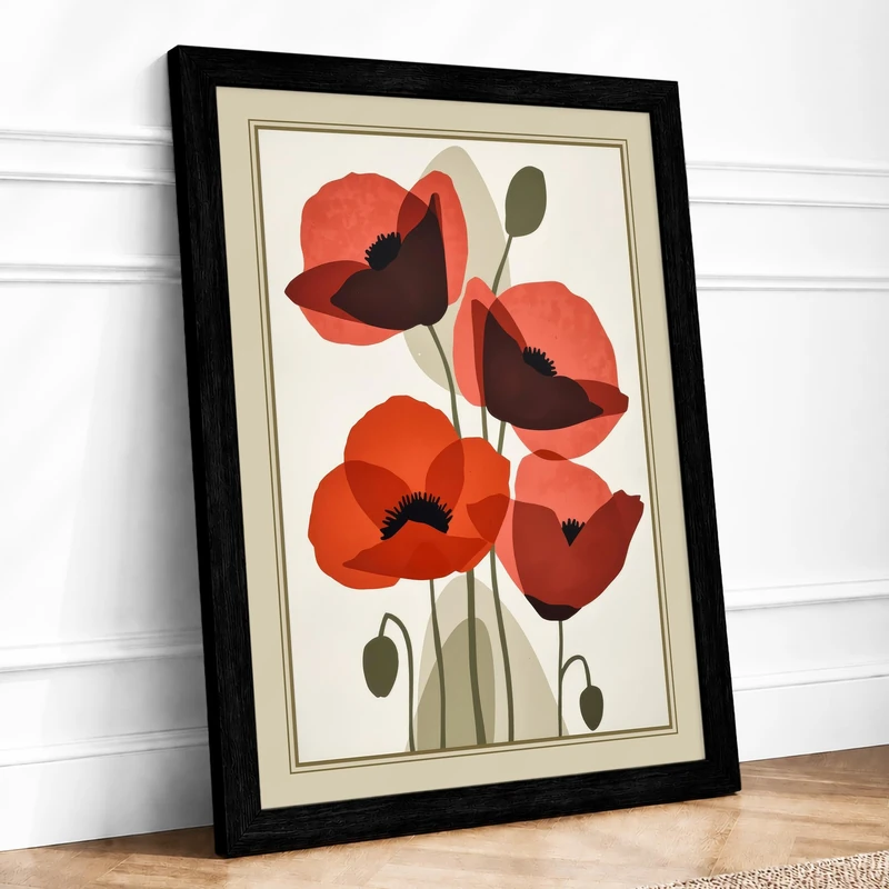 Red Poppies Botanical Framed Wall Art Print A1 (84.1×59.4cm) Black, Wall Decor for Living Room, Bedroom, Office & Home, Ready to Hang, Art Gift