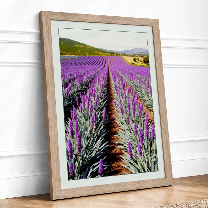 Lavender Fields Botanical Framed Wall Art Print A1 (84.1×59.4cm) Oak, Wall Decor for Living Room, Bedroom, Office & Home, Ready to Hang, Art Gift