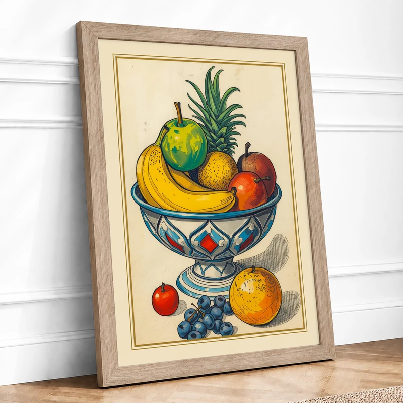 Still Life with Blue Bowl Botanical Framed Wall Art Print A1 (84.1×59.4cm) Oak, Wall Decor for Living Room, Bedroom, Office & Home, Ready to Hang, Art Gift
