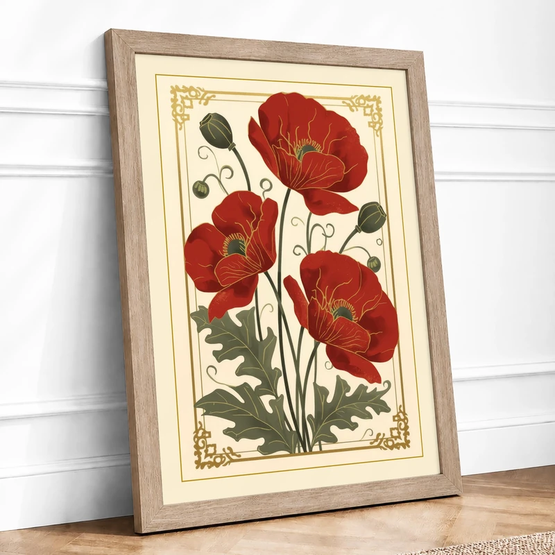 Red Poppies in Gold Botanical Framed Wall Art Print A1 (84.1×59.4cm) Oak, Wall Decor for Living Room, Bedroom, Office & Home, Ready to Hang, Art Gift