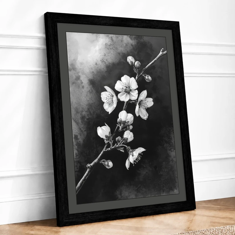 Moonlit Cherry Blossom Botanical Framed Wall Art Print A1 (84.1×59.4cm) Black, Wall Decor for Living Room, Bedroom, Office & Home, Ready to Hang, Art Gift - Image 1