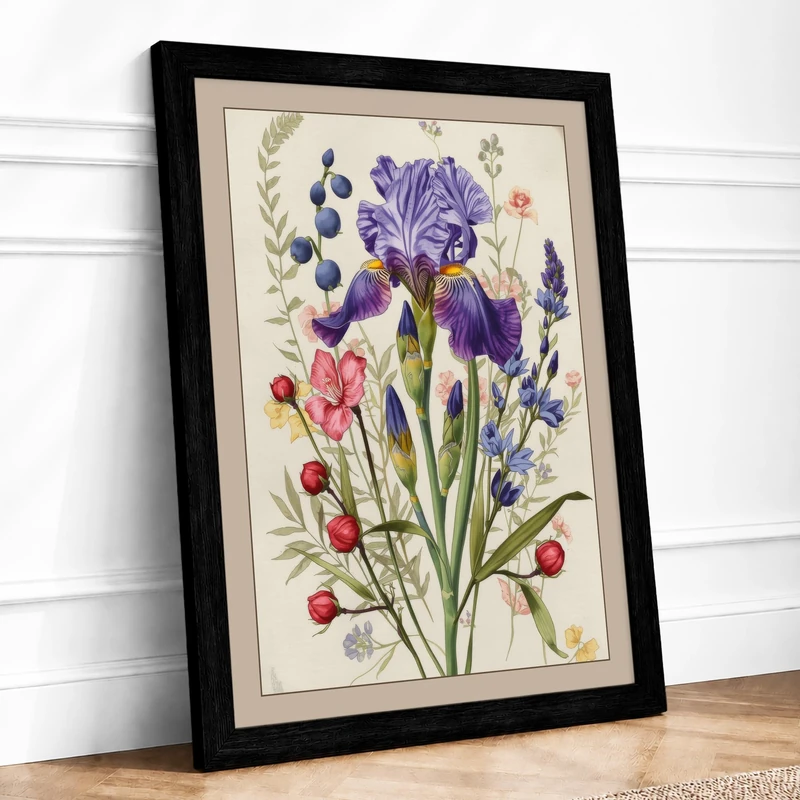 Iris and Specimen Botanical Framed Wall Art Print A1 (84.1×59.4cm) Black, Wall Decor for Living Room, Bedroom, Office & Home, Ready to Hang, Art Gift