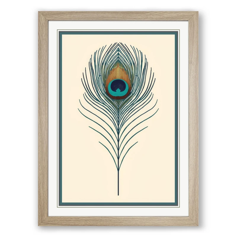 Peacock Feather Study Botanical Framed Wall Art Print A1 (84.1×59.4cm) Oak, Wall Decor for Living Room, Bedroom, Office & Home, Ready to Hang, Art Gift