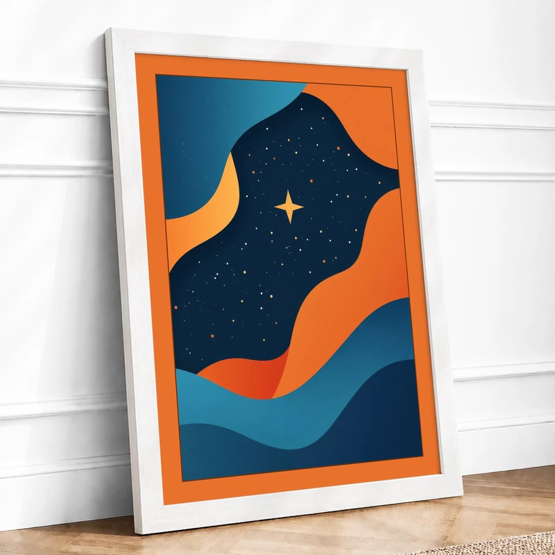 Cosmic Waves at Night Mid-Century Framed Wall Art Print A1 (84.1×59.4cm) White, Wall Decor for Living Room, Bedroom, Office & Home, Ready to Hang, Art Gift - Image 1