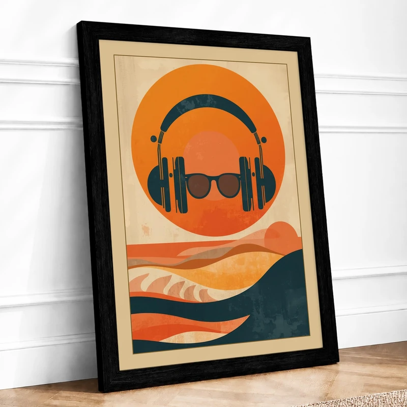 Headphones & Sunglasses Retro Framed Wall Art Print A1 (84.1×59.4cm) Black, Wall Decor for Living Room, Bedroom, Office & Home, Ready to Hang, Art Gift - Image 1