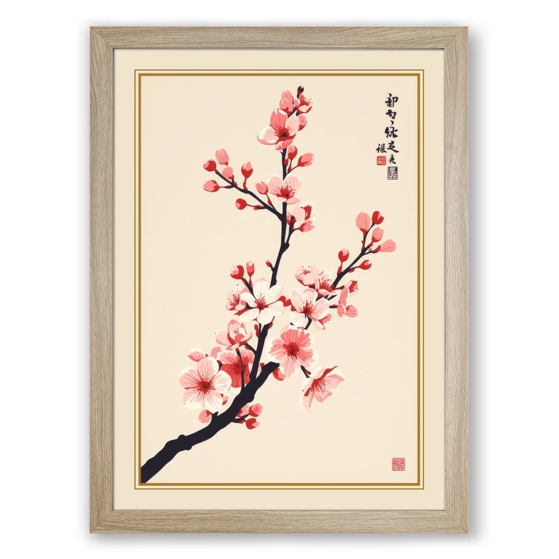 Moonlit Cherry Blossom Japandi Framed Wall Art Print A1 (84.1×59.4cm) Oak, Wall Decor for Living Room, Bedroom, Office & Home, Ready to Hang, Art Gift