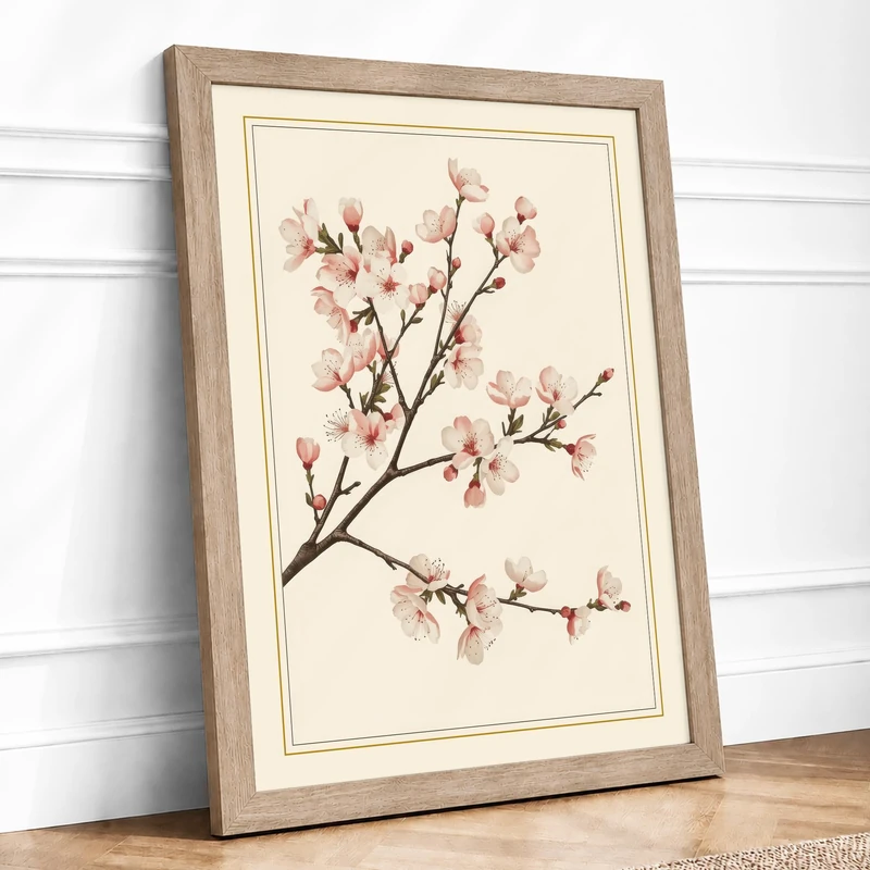 Moonlit Cherry Blossom Botanical Framed Wall Art Print A1 (84.1×59.4cm) Oak, Wall Decor for Living Room, Bedroom, Office & Home, Ready to Hang, Art Gift