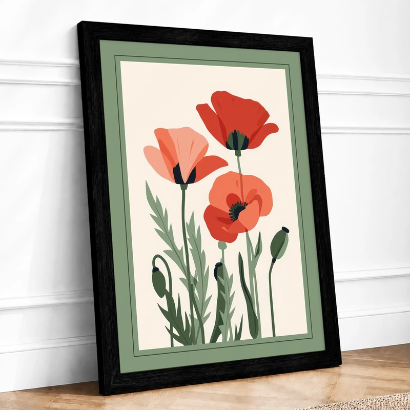 Four Poppies in Bloom Botanical Framed Wall Art Print A1 (84.1×59.4cm) Black, Wall Decor for Living Room, Bedroom, Office & Home, Ready to Hang, Art Gift