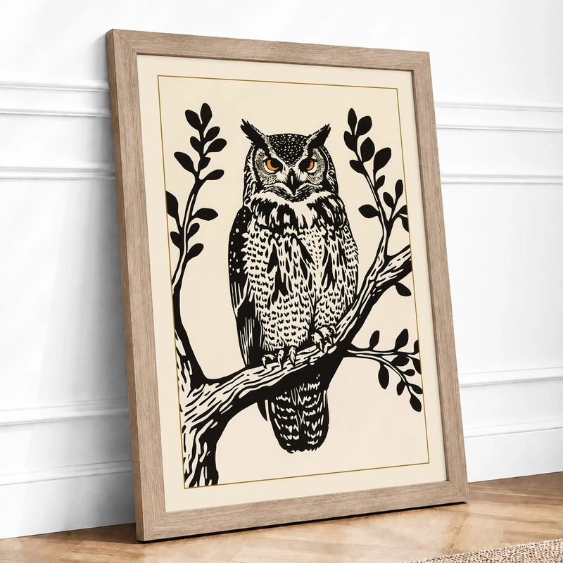 Owl in Balance Botanical Framed Wall Art Print A1 (84.1×59.4cm) Oak, Wall Decor for Living Room, Bedroom, Office & Home, Ready to Hang, Art Gift - Image 1