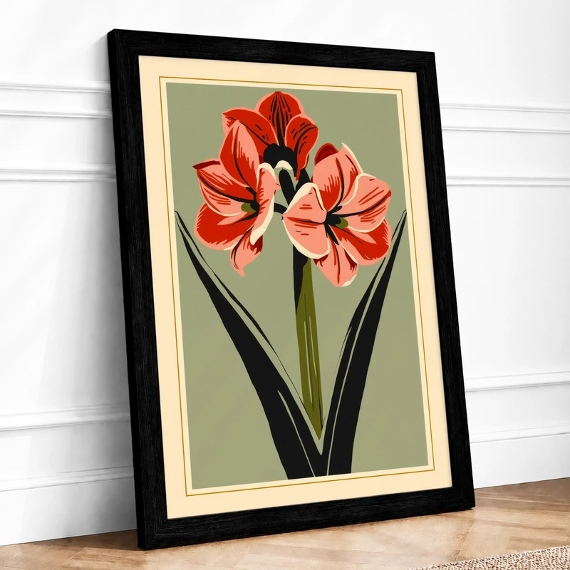 Amaryllis Study Botanical Framed Wall Art Print A1 (84.1×59.4cm) Black, Wall Decor for Living Room, Bedroom, Office & Home, Ready to Hang, Art Gift