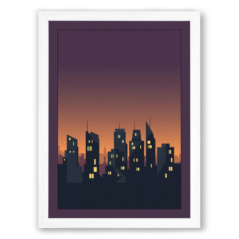 City at Dusk Modern Framed Wall Art Print A1 (84.1×59.4cm) White, Wall Decor for Living Room, Bedroom, Office & Home, Ready to Hang, Art Gift