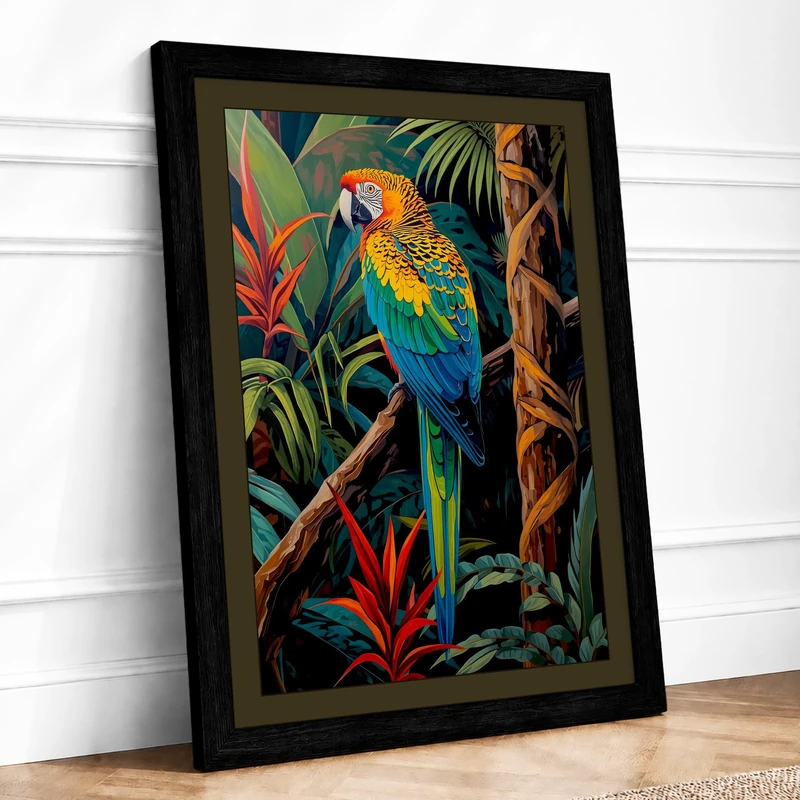 Macaw in Paradise Tropical Framed Wall Art Print A1 (84.1×59.4cm) Black, Wall Decor for Living Room, Bedroom, Office & Home, Ready to Hang, Art Gift
