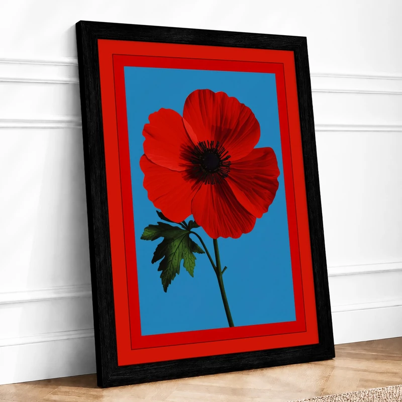 Bold Red Poppy Botanical Framed Wall Art Print A1 (84.1×59.4cm) Black, Wall Decor for Living Room, Bedroom, Office & Home, Ready to Hang, Art Gift