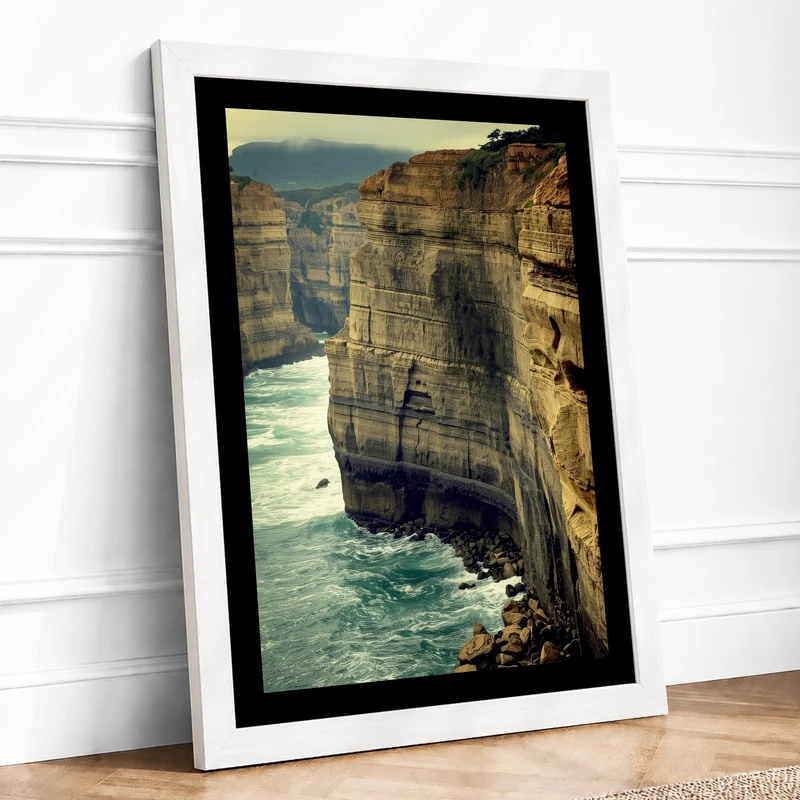 Cliffs and Turbulent Sea Coastal Framed Wall Art Print A1 (84.1×59.4cm) White, Wall Decor for Living Room, Bedroom, Office & Home, Ready to Hang, Art Gift