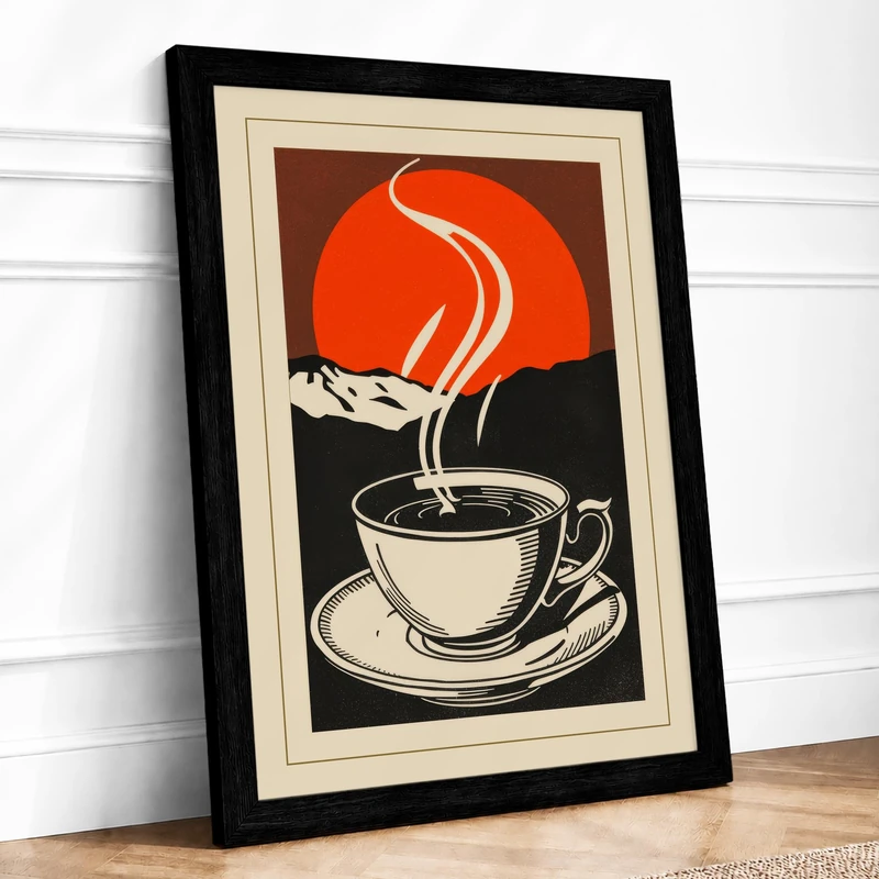 Rising Sun Coffee Modern Framed Wall Art Print A1 (84.1×59.4cm) Black, Wall Decor for Living Room, Bedroom, Office & Home, Ready to Hang, Art Gift