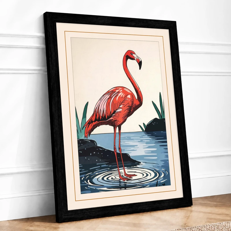 Flamingo in Reeds Coastal Framed Wall Art Print A1 (84.1×59.4cm) Black, Wall Decor for Living Room, Bedroom, Office & Home, Ready to Hang, Art Gift - Image 1