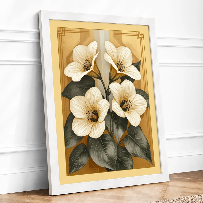 White Blooms in Gold Frame Botanical Framed Wall Art Print A1 (84.1×59.4cm) White, Wall Decor for Living Room, Bedroom, Office & Home, Ready to Hang, Art Gift - Image 1