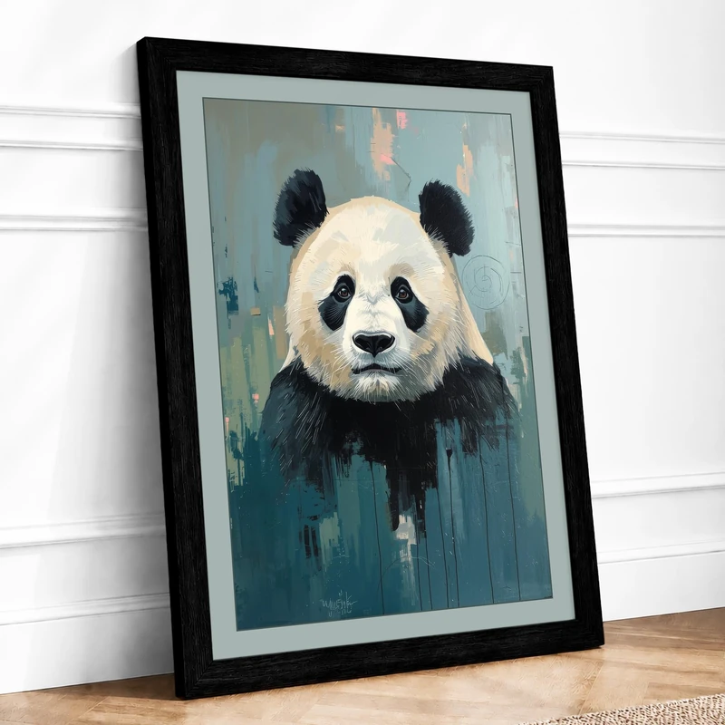 Contemplative Panda Modern Framed Wall Art Print A1 (84.1×59.4cm) Black, Wall Decor for Living Room, Bedroom, Office & Home, Ready to Hang, Art Gift