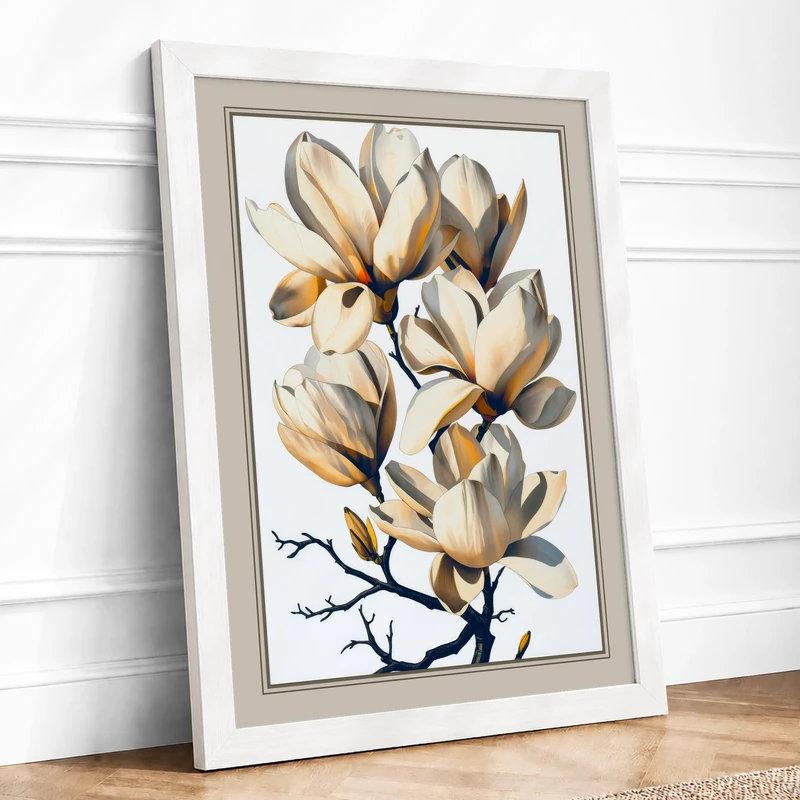 Magnolia Branch Botanical Framed Wall Art Print A1 (84.1×59.4cm) White, Wall Decor for Living Room, Bedroom, Office & Home, Ready to Hang, Art Gift - Image 1