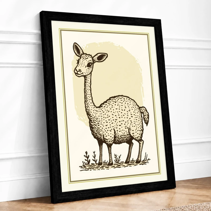 Alpaca Study Vintage Framed Wall Art Print A1 (84.1×59.4cm) Black, Wall Decor for Living Room, Bedroom, Office & Home, Ready to Hang, Art Gift - Image 1