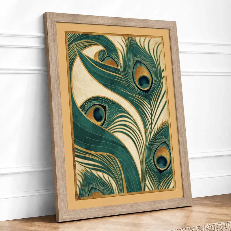 Peacock Feather Study Art Deco Framed Wall Art Print A1 (84.1×59.4cm) Oak, Wall Decor for Living Room, Bedroom, Office & Home, Ready to Hang, Art Gift