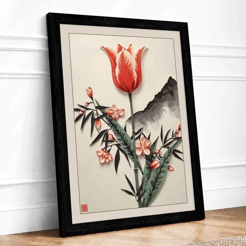 Red Tulip Study Botanical Framed Wall Art Print A1 (84.1×59.4cm) Black, Wall Decor for Living Room, Bedroom, Office & Home, Ready to Hang, Art Gift