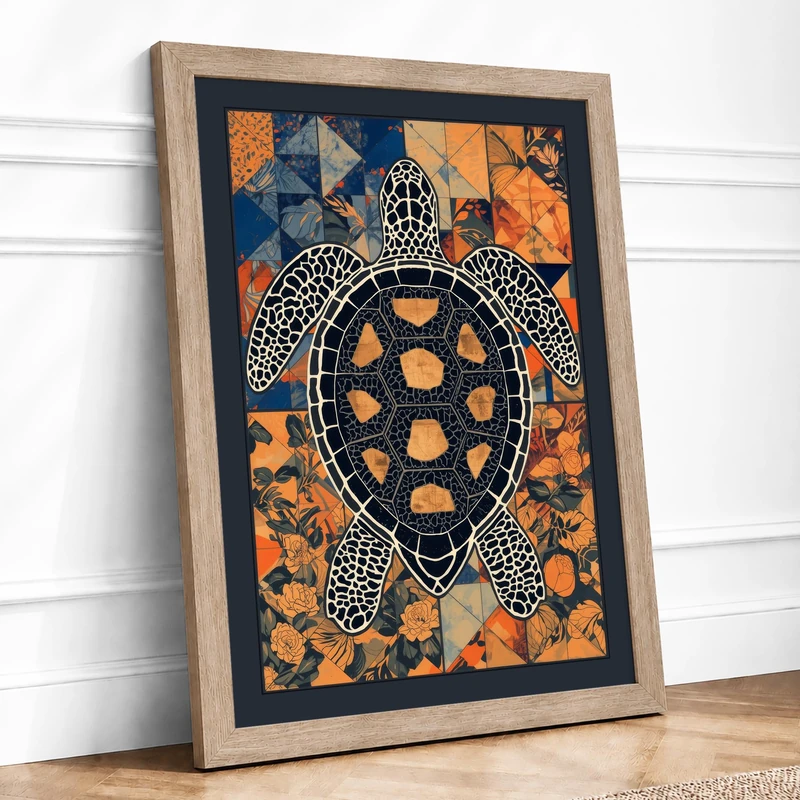 Sea Turtle Geometric Framed Wall Art Print A1 (84.1×59.4cm) Oak, Wall Decor for Living Room, Bedroom, Office & Home, Ready to Hang, Art Gift