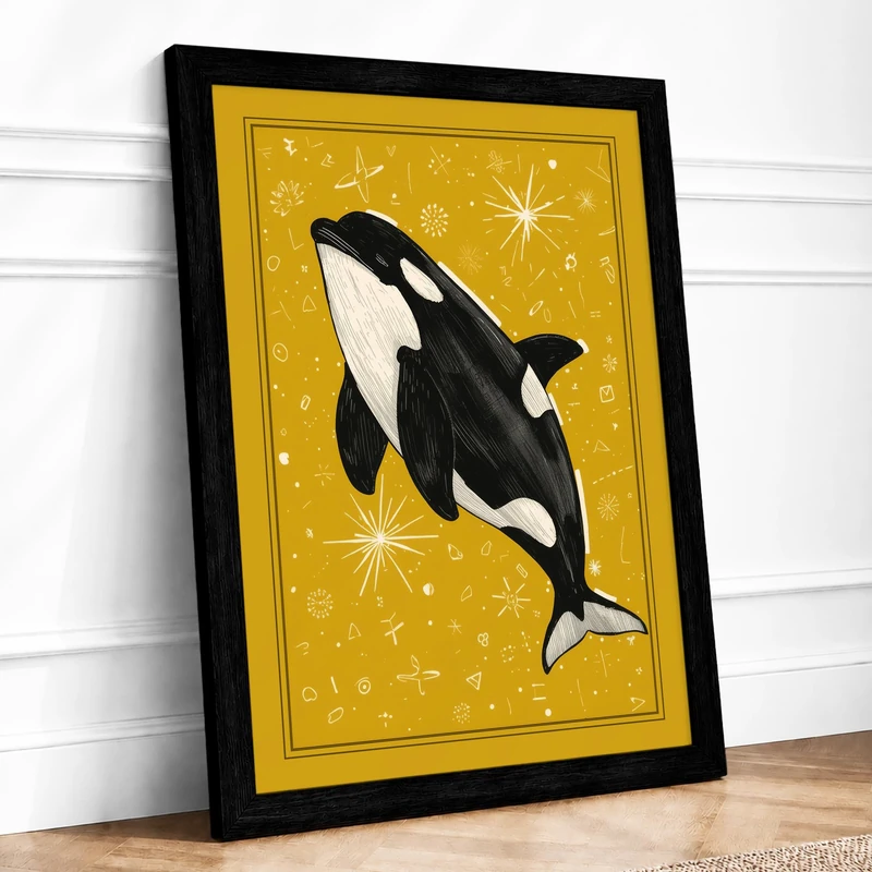 Leaping Whale in Gold Modern Framed Wall Art Print A1 (84.1×59.4cm) Black, Wall Decor for Living Room, Bedroom, Office & Home, Ready to Hang, Art Gift - Image 1