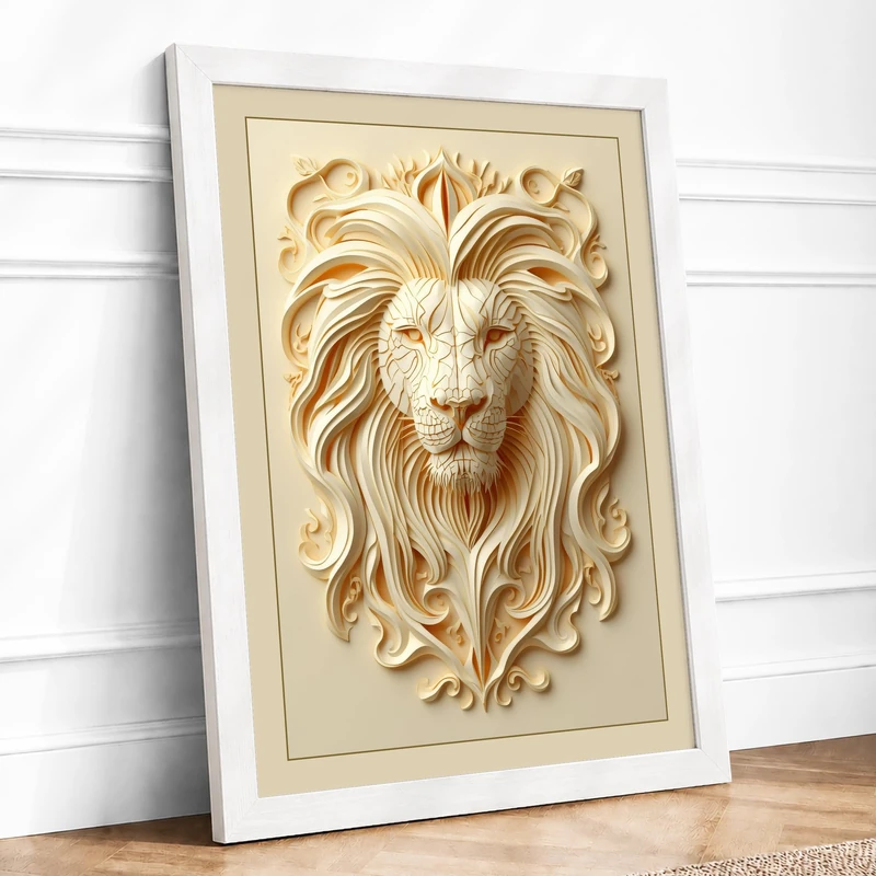 Regal Lion's Head Vintage Framed Wall Art Print A1 (84.1×59.4cm) White, Wall Decor for Living Room, Bedroom, Office & Home, Ready to Hang, Art Gift - Image 1