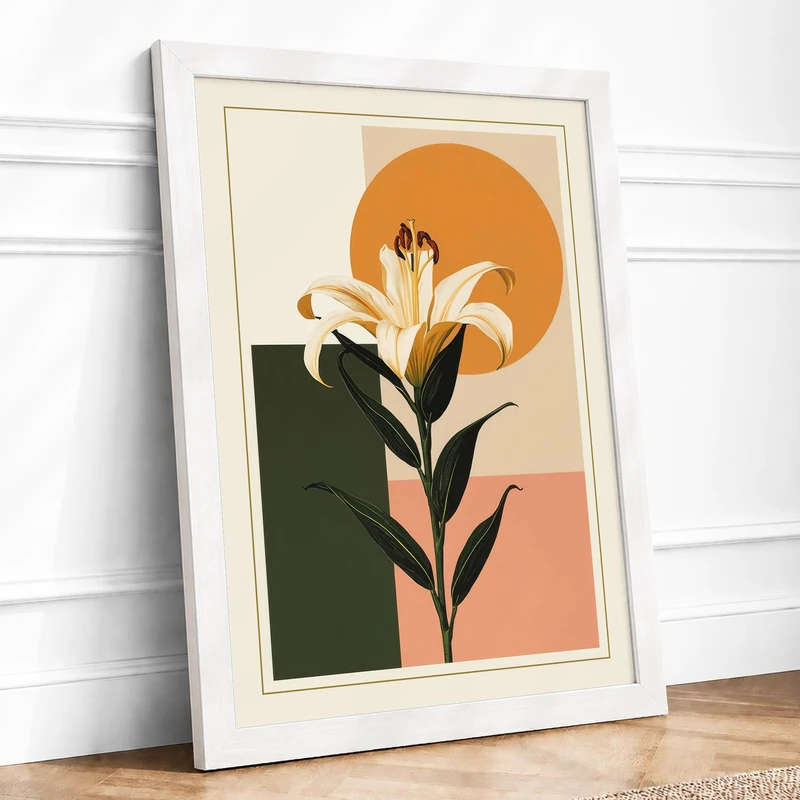 Lily and Rising Sun Botanical Framed Wall Art Print A1 (84.1×59.4cm) White, Wall Decor for Living Room, Bedroom, Office & Home, Ready to Hang, Art Gift